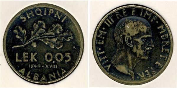 0,05 Lek 阿尔巴尼亚王国 (1939年－1943年) (1939 - 1943) 青铜/铝 维托里奥·埃马努埃莱三世 (1869 - 1947)