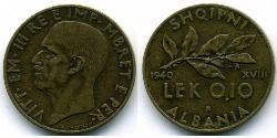 0,10 Lek 阿尔巴尼亚王国 (1939年－1943年) (1939 - 1943) 青铜/铝 维托里奥·埃马努埃莱三世 (1869 - 1947)