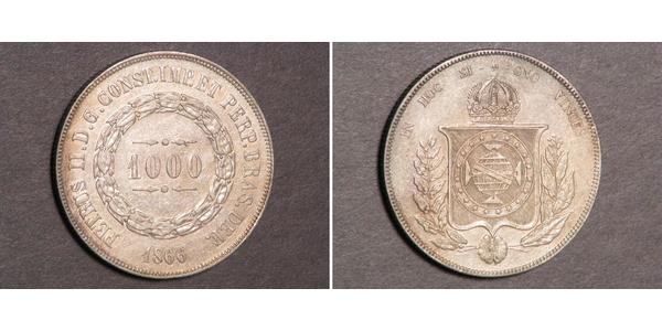 1000 Reis Empire of Brazil (1822-1889) Silver Pedro II of Brazil (1825 - 1891)