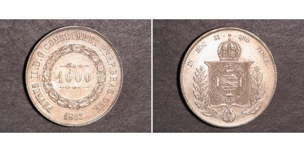 1000 Рейс Бразильська імперія (1822-1889) Срібло Педру II (імператор Бразилії) (1825 - 1891)