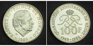 100 Franc Principato di Monaco Argento Ranieri III di Monaco