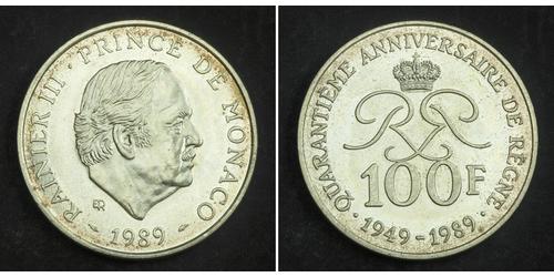 100 Franc Principato di Monaco Argento Ranieri III di Monaco