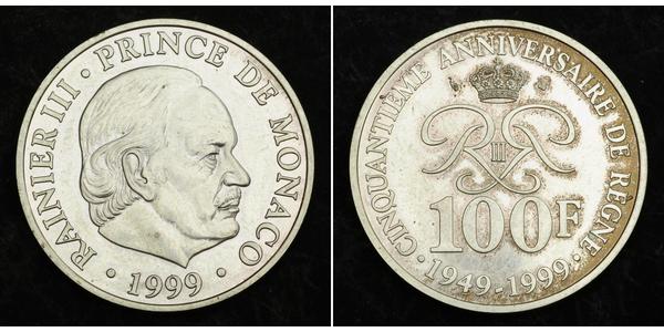 100 Franc Principato di Monaco Argento Ranieri III di Monaco