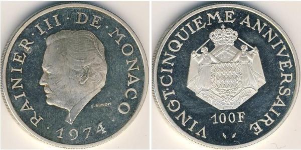 100 Franc Principato di Monaco Argento Ranieri III di Monaco