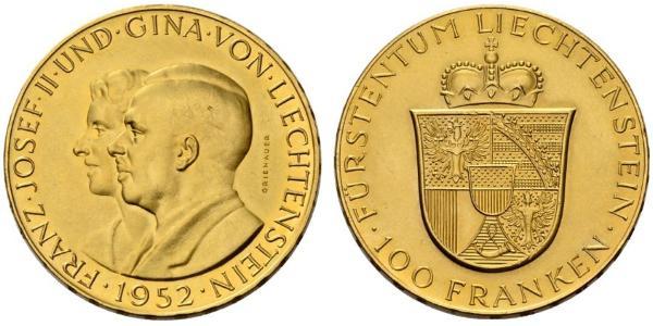 100 Franc Liechtenstein Gold Franz Joseph II, Prince of Liechtenstein (1938 - 1989) 