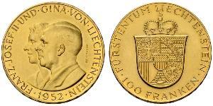 100 Franc Liechtenstein Or Franz Joseph II, Prince of Liechtenstein (1938 - 1989) 