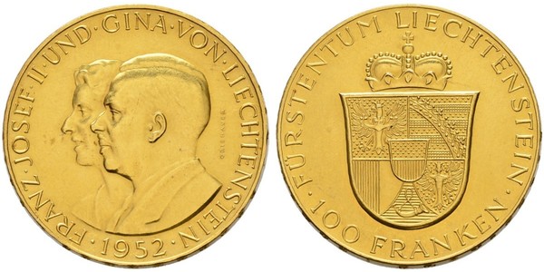 100 Franc Liechtenstein Or Franz Joseph II, Prince of Liechtenstein (1938 - 1989) 