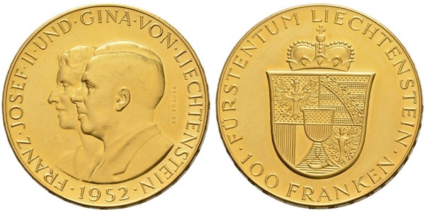 100 Franc Liechtenstein Oro Franz Joseph II, Prince of Liechtenstein (1938 - 1989) 