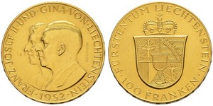 100 Franc Liechtenstein 金 Franz Joseph II, Prince of Liechtenstein (1938 - 1989) 