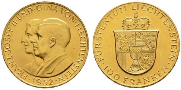 100 Franc Liechtenstein 金 Franz Joseph II, Prince of Liechtenstein (1938 - 1989) 