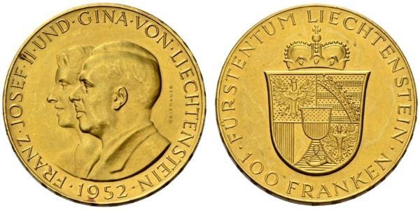 100 Franc Liechtenstein 金 Franz Joseph II, Prince of Liechtenstein (1938 - 1989) 