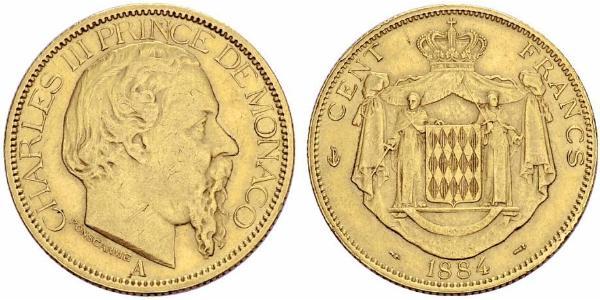 100 Franc Monaco 金 Charles III Prince of Monaco (1818-1889)