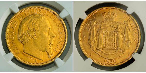 100 Franc Monaco 金 Charles III Prince of Monaco (1818-1889)