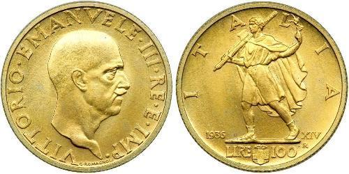 100 Lira Kingdom of Italy (1861-1946) Oro Vittorio Emanuele III (1869 - 1947)