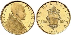 100 Lira 梵蒂冈 金 Pope Pius XII  (1876 - 1958)