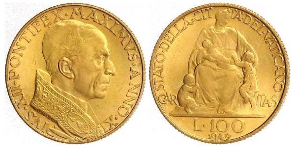 100 Lira 梵蒂冈 金 Pope Pius XII  (1876 - 1958)