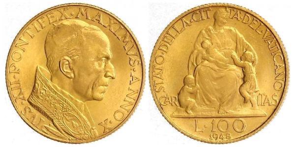 100 Lira 梵蒂冈 金 Pope Pius XII  (1876 - 1958)