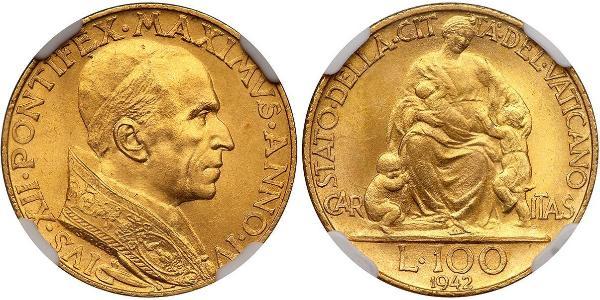 100 Lira 梵蒂冈 金 Pope Pius XII  (1876 - 1958)