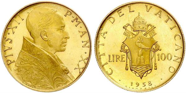 100 Lira 梵蒂冈 金 Pope Pius XII  (1876 - 1958)