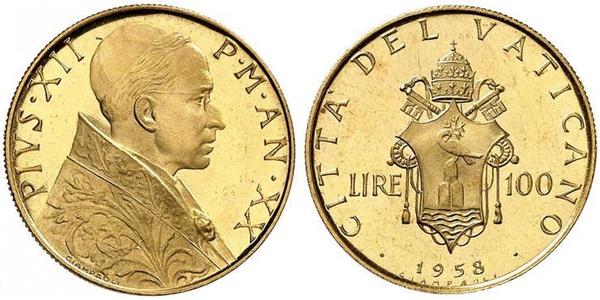 100 Lira 梵蒂冈 金 Pope Pius XII  (1876 - 1958)