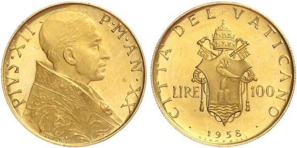 100 Lira 梵蒂冈 金 Pope Pius XII  (1876 - 1958)