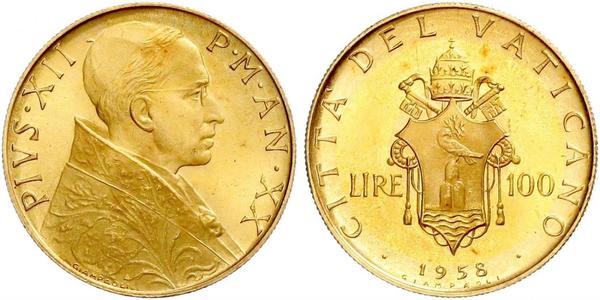 100 Lira 梵蒂冈 金 Pope Pius XII  (1876 - 1958)