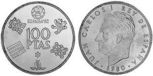 100 Peseta Kingdom of Spain (1976 - ) Copper/Nickel Juan Carlos I of Spain (1938 - )