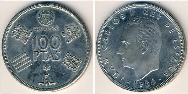 100 Peseta Kingdom of Spain (1976 - ) Copper/Nickel Juan Carlos I of Spain (1938 - )