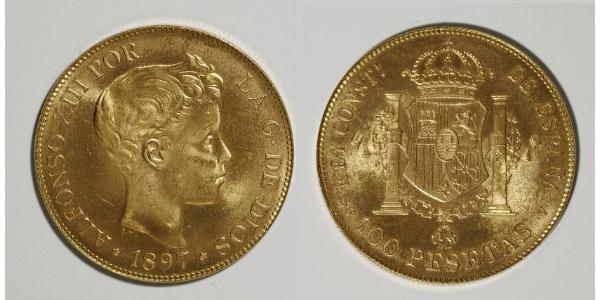 100 Peseta Kingdom of Spain (1874 - 1931) Gold Alfonso XIII of Spain (1886 - 1941)