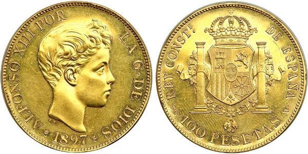 100 Peseta Kingdom of Spain (1874 - 1931) Oro Alfonso XIII of Spain (1886 - 1941)