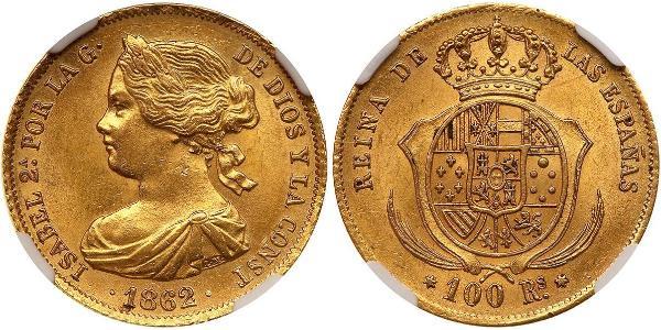100 Real Spain Gold Isabella II of Spain (1830- 1904)
