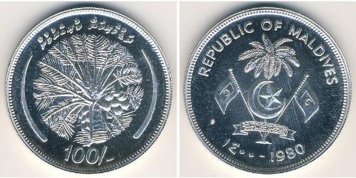 100 Rufiyaa Maldive (1965 - ) Argento 