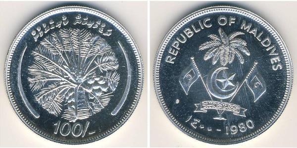 100 Rufiyaa Maldive (1965 - ) Argento 