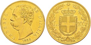 100 Лира Kingdom of Italy (1861-1946) Золото Умберто I (1844-1900)