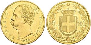 100 Ліра Kingdom of Italy (1861-1946) Золото Умберто I (1844-1900)