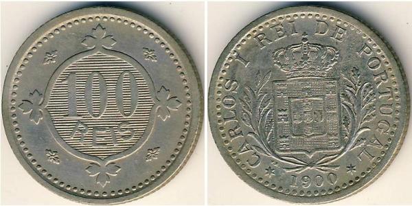 100 Рейс Королівство Португалія (1139-1910) Нікель/Мідь Карлуш I король Португалії (1863-1908)