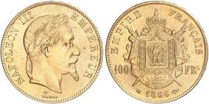 100 Франк Second French Empire (1852-1870) Золото Наполеон ІІІ Бонапарт (1808-1873)