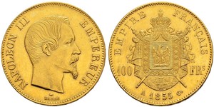 100 Франк Second French Empire (1852-1870) Золото Наполеон ІІІ Бонапарт (1808-1873)