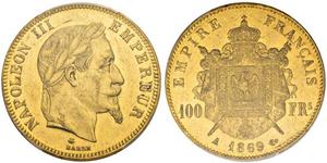 100 Франк Second French Empire (1852-1870) Золото Наполеон ІІІ Бонапарт (1808-1873)