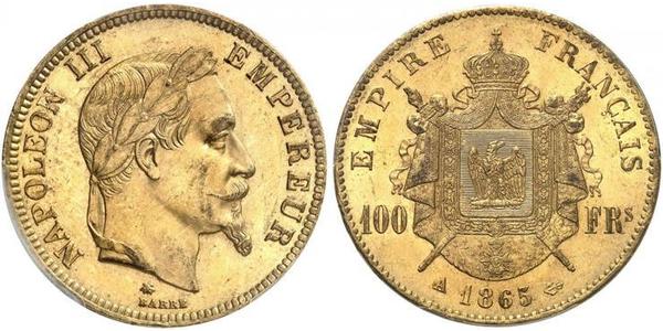 100 Франк Second French Empire (1852-1870) Золото Наполеон ІІІ Бонапарт (1808-1873)