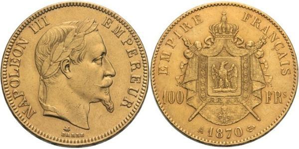 100 Франк Second French Empire (1852-1870) Золото Наполеон ІІІ Бонапарт (1808-1873)