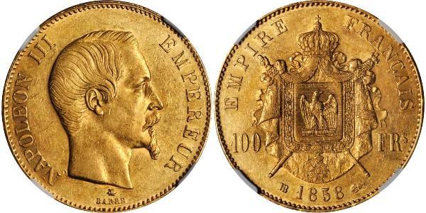 100 Франк Second French Empire (1852-1870) Золото Наполеон ІІІ Бонапарт (1808-1873)