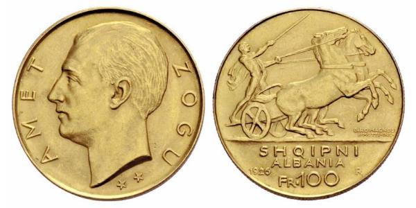 100 Франк Албанская республика (1925-1928) Золото Zog I, Skanderbeg III of Albania