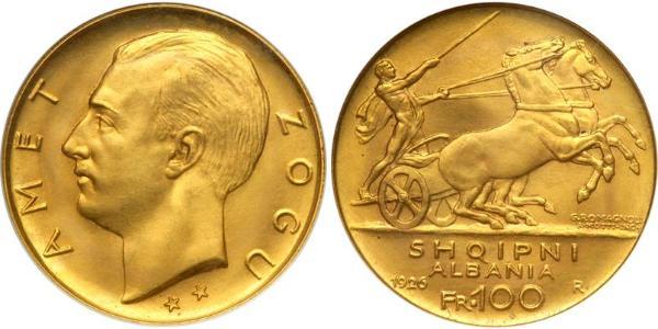 100 Франк Албанская республика (1925-1928) Золото Zog I, Skanderbeg III of Albania