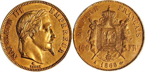 100 Франк Вторая французская империя (1852-1870) Золото Наполеон III Бонапарт (1808-1873)