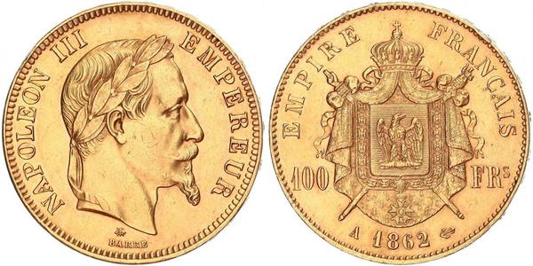 100 Франк Вторая французская империя (1852-1870) Золото Наполеон III Бонапарт (1808-1873)