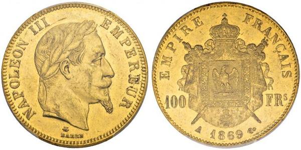 100 Франк Вторая французская империя (1852-1870) Золото Наполеон III Бонапарт (1808-1873)
