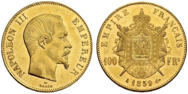 100 Франк Вторая французская империя (1852-1870) Золото Наполеон III Бонапарт (1808-1873)