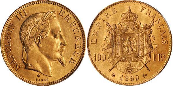 100 Франк Вторая французская империя (1852-1870) Золото Наполеон III Бонапарт (1808-1873)