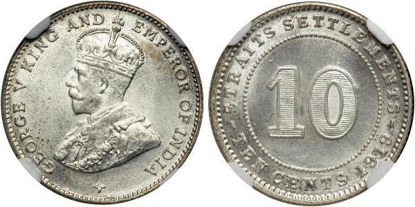 10 Cent Établissements des détroits (1826 - 1946) Argent George V (1865-1936)